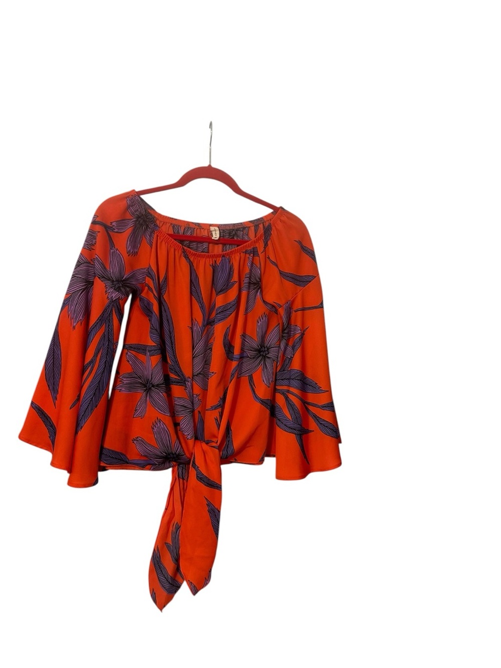 EUC Tyche orange purple black floral dramatic sleeves tie front top Size Small